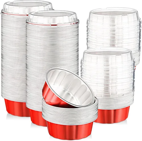 Vista 11 de Tessco for you 200 moldes desechables con tapas, 8 onzas, Ramekin Creme Brulee Ramekin, papel de aluminio, para cupcakes, para hornear, moldes