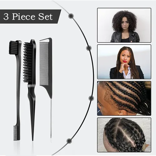 Vista 3 de SWEET VIEW 3 piezas de cepillo para peinar hacia atrás, peine de cola de rata, borde Cepillo de cerdas, accesorios para el cabello para niñas