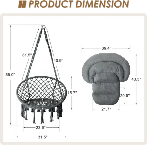 Vista 6 de Silla hamaca con cojín, silla columpio de macramé hecha a mano con kits de herrajes para colgar, silla colgante de cuerda de algodón estilo bohemio