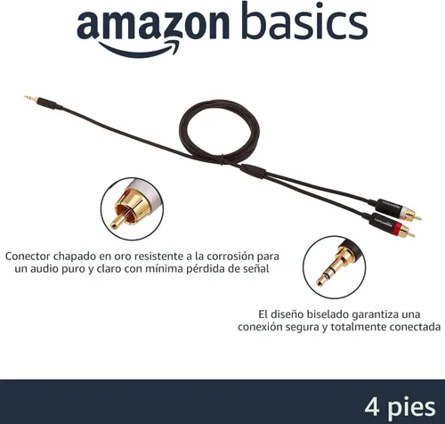 Vista 2 de Amazon Basics Adaptador de cable de audio estéreo auxiliar a 2 RCA de 0.138 in para sonido, amplificadores de conexión, altavoces, teléfono