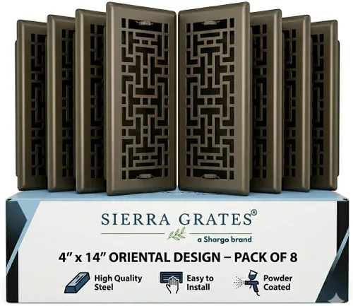 Vista 42 de Rejilla de Piso de Diseño Oriental de 4" x 10" en Acabado Bronce Metálico - Cubiertas de Ventilación para Piso del Hogar - Cubiertas Decorativas