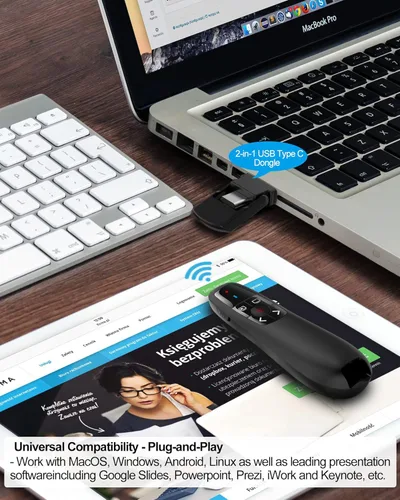 Vista 5 de Presentador inalámbrico de presentación remota Clicker: USB tipo C PowerPoint Clicker con puntero rojo Control PPT de largo alcance - Avanzador