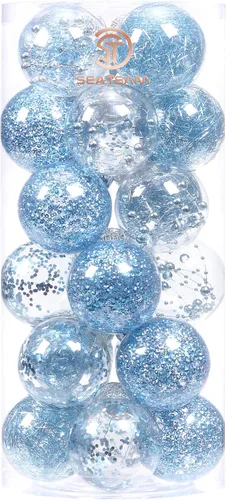 Vista 31 de Sea Team Paquete de 48 bolas de Navidad de plástico transparente inastillables, varios tamaños, adornos decorativos de Navidad con relleno delicado