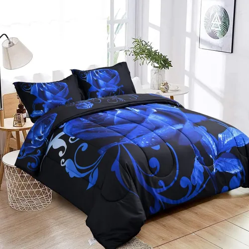 Vista 3 de WONGS BEDDING Juego de edredón azul tamaño matrimonial, juego de edredón reversible con estampado de rosas azules con 2 fundas de almohada