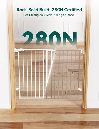 Vista 4 de Babelio Puerta de seguridad para bebés para escaleras, cocina y puertas, sin barra inferior, fácil instalación, operación con una sola mano, cierre