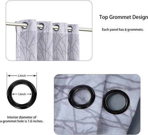 Vista 2 de BONZER Cortinas para mezclar y combinar: 2 cortinas transparentes con estampado de ramas y 2 cortinas opacas para dormitorio, sala de estar, Gris