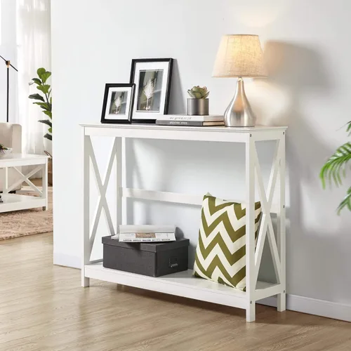 Vista 6 de Yaheetech Mesa de entrada de madera, mesa de consola para entrada, mesa de sofá de 2 niveles con estante de almacenamiento para sala de estar, Blanco