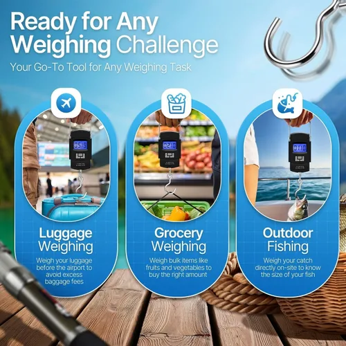 Vista 7 de Flexzion Báscula digital para colgar, báscula portátil de equipaje de 110 libras y báscula de pescado con retroiluminación electrónica LCD, gancho
