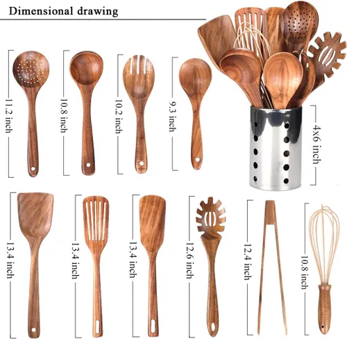 Vista 2 de Juego de utensilios de cocina con soporte, utensilios de cocina de madera para cocinar, cucharas de madera de teca natural para cocinar, juego