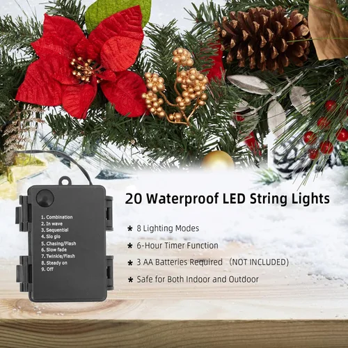 Vista 3 de Adeeing Guirnalda de Navidad de 6 pies con luces, guirnalda artificial preiluminada de Navidad con conos de pino y flor de pascua, guirnalda