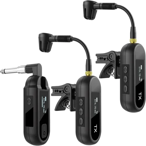 EBJ Sistema de micrófono de saxofón UHF inalámbrico, micrófono de instrumento de clip, saxofón y trompeta, ecualizador preestablecido y nivel de eco