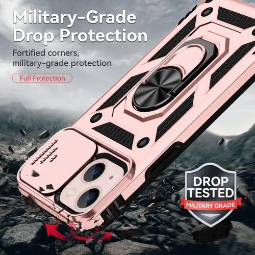 Vista 6 de Funda para iPhone 13 mini, funda para iPhone 13 mini con funda para cámara y soporte, grado militar, a prueba de golpes, resistente, funda Oro rosado