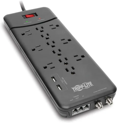 Vista 12 de Eaton Tripp Lite TLP128TTUSBB Protector de sobretensiones con puertos de carga USB, 2 puertos USB, 12 tomas de corriente, enchufe plano, cable