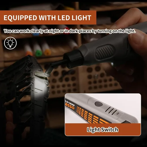 Vista 3 de Lijadora de bolígrafo inalámbrica, velocidad variable y carga USB con luz LED, herramienta eléctrica multiusos para lijar, pulido, acabado, Gris