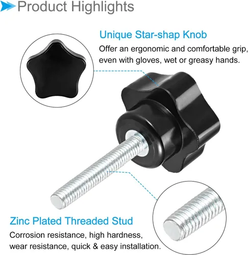Vista 4 de Perillas de sujeción de estrella, rosca macho M5 x 1.575 in, cabeza de 0.945 in, mango de tornillo de pulgar de plástico, perno roscado, color negro