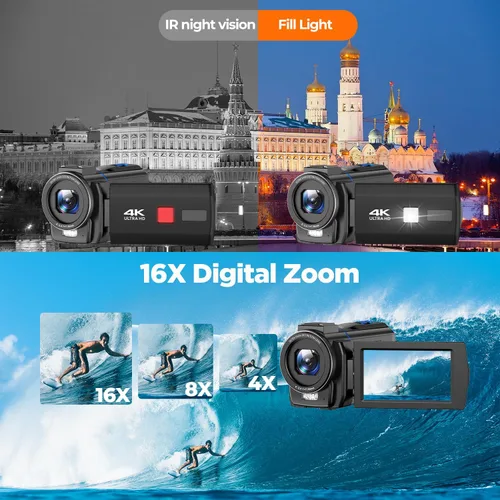 Vista 3 de Videocámara 4K de 48 MP, cable de cámara de visión nocturna IR, pantalla táctil de rotación de 270 ° de 3.0 pulgadas, cámara de vlogging con zoom