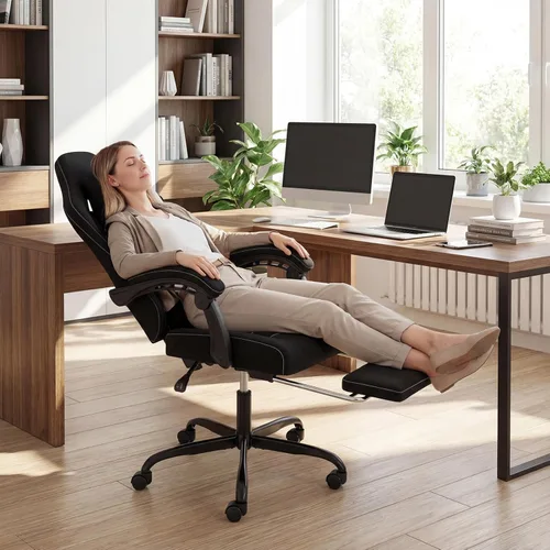 Vista 2 de Giantex Silla de juegos, silla ergonómica para computadora con reposacabezas, soporte lumbar, reposabrazos de conexión, respaldo reclinable