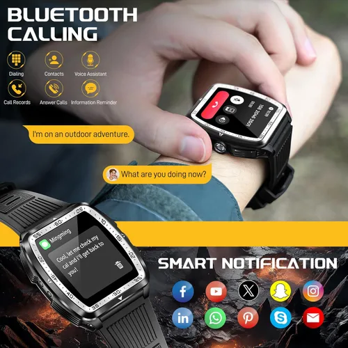Vista 5 de Reloj inteligente militar para hombre, resistente al agua, 5 ATM, con linterna LED, luz UV, pantalla grande de 1.8 pulgadas, resistente al aire