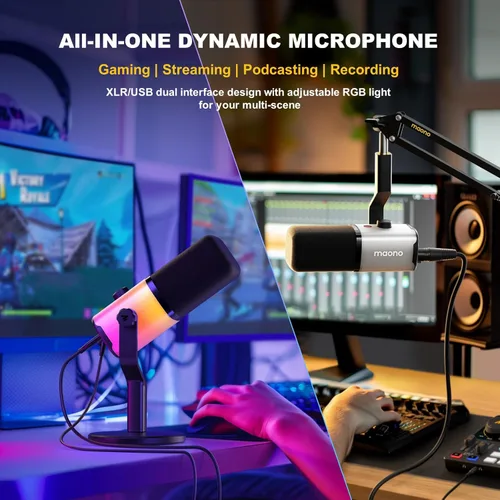 Vista 2 de MAONO - Micrófono dinámico para juegos Micrófono de transmisión USB/XLR para PC, grabación de pódcast, software personalizable, RGB, botón