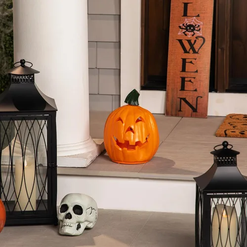 Vista 2 de Northlight Calabaza de Halloween de doble cara iluminada y animada LED, 9.75 pulgadas, luces naranjas