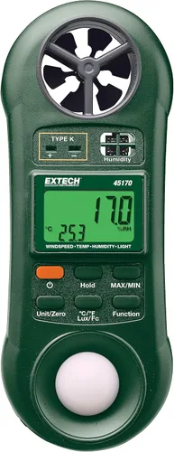 Extech 45170 Medidor ambiental 4 en 1: anemómetro digital, higrómetro, medidor de luz y termómetro - Probador de velocidad del aire, humedad y Lux