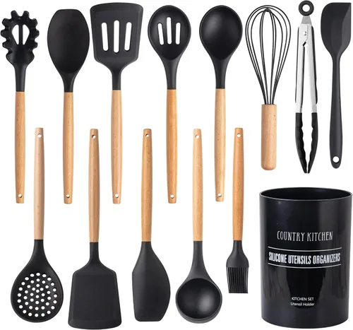 Vista 25 de Country Kitchen Juego de utensilios de silicona antiadherente con asas redondeadas de madera para cocinar y hornear, juego de 8 piezas, caqui