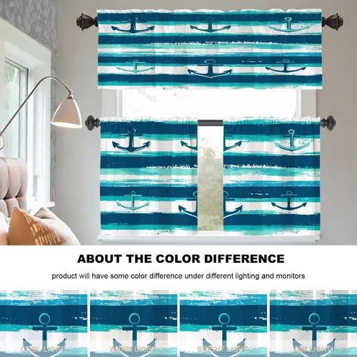 Vista 6 de Maritime Ocean Cafe Curtains,Anchors Nautical Art Blackout Tier Curtain Multilayer Polyester Short Kitchen Drapes 2 Pack 26X24 Inches