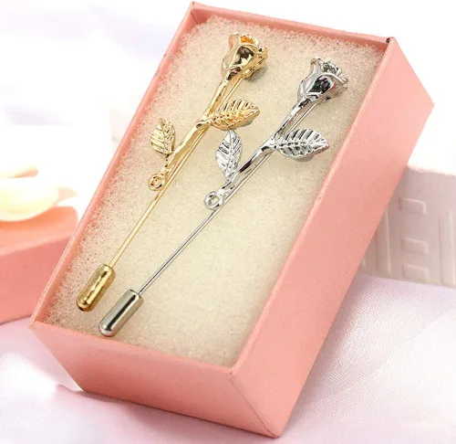 Vista 7 de Broche de solapa floral rosa para hombre, broche de broche para traje de esmoquin, accesorio de ramillete (dorado)