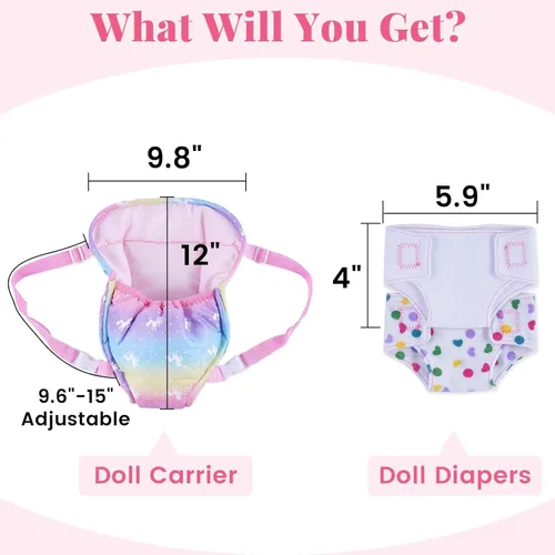 Vista 6 de BABESIDE Accesorios para muñecas de bebé, portador de muñecas con 2 pañales para muñecas, juego de accesorios para muñecas de 12 a 15 pulgadas