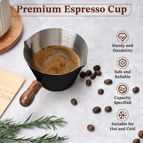 Vista 4 de Amrules Tazas de café expreso negras, taza de medición de café de 7 oz/200 ml con asa de madera, taza de espresso de acero inoxidable 304 con escala