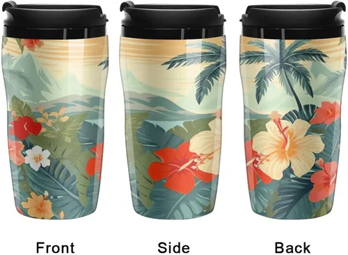 Vista 4 de Summer Hawaiian Coffee Cup Hot Coffee Travel Mug Reusable Iced Coffee Cups Double Heat Insulation Coffee Mug with Leak-Proof Lid Stylish Travel Cup