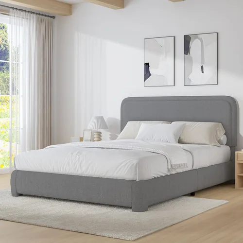 Vista 32 de BarnFurin Base de cama individual con cabecero, cama de plataforma tapizada Cloud Boucle, esquinas redondeadas suaves, no necesita somier, Beige