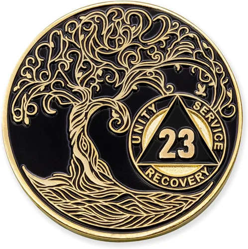 Vista 158 de 1 año Sobriety Mint Twisted Tree of Life Medallón de recuperación AA chapado en oro, chip/ficha - negro
