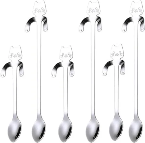 Vista 8 de Cuchara de café para gatos, taza colgante de acero inoxidable, cuchara de té de dos longitudes diferentes, cuchara de postre para revolver bebidas