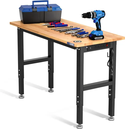 WORKPRO Banco de trabajo de garaje ajustable, escritorio de trabajo resistente con parte superior de madera de goma de 48 x 22 pulgadas, con tomas