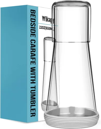 Juego de jarras de agua de noche con vaso, jarra transparente para mesita de noche con posavasos de silicona para dormitorio y habitación de