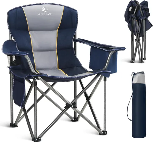 Vista 10 de ALPHA CAMP Silla de Camping Plegable de Gran Tamaño, Sillas de Césped Portátiles Resistentes con Bolsa Refrigeradora, Bolsillo Lateral y Portavasos