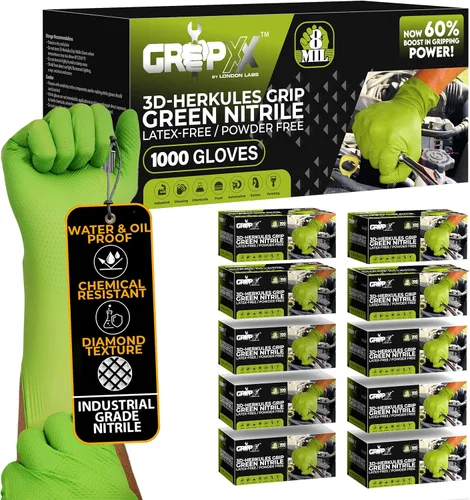 Vista 10 de GRIPXX Herkules Grip Guantes de nitrilo resistentes de 8 mil verdes, textura de diamante 3D elevada - Sin látex y sin polvo - Industrial