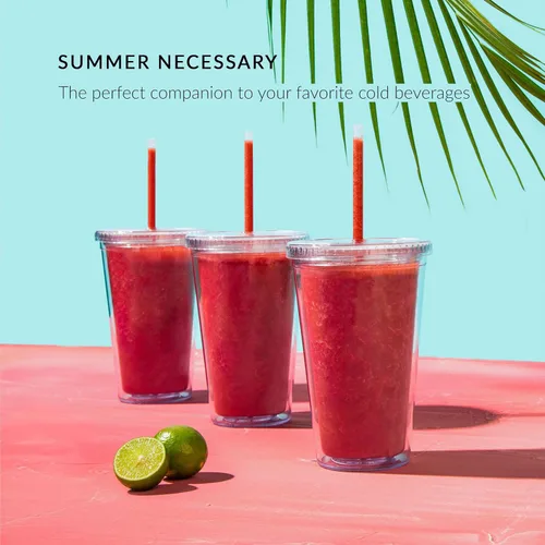 Vista 4 de Maars - Vaso transparente clásico con tapa y pajilla, acrílico prémium de 16 onzas, vasos reutilizables de plástico de doble pared con aislamiento