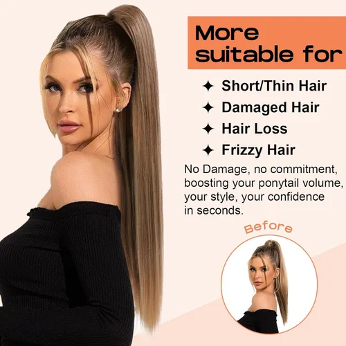 Vista 5 de SEIKEA - Extensión de cola de caballo larga con cordón, cola de caballo falsa recta y natural, extensión de cabello sintético suave con clip