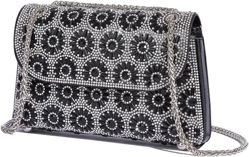 Vista 4 de Flower Rhinestone Crystal Clutch Purse Sparkling Evening Shoulder Bag for Wedding Prom Party Bride Guest Gift Box Negro