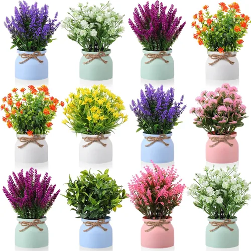 Vista 7 de Cindeer 4 piezas de flores artificiales grandes en maceta, flores artificiales de plástico para decoración del hogar, plantas artificiales