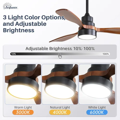 Vista 4 de Sofucor - Ventilador de techo inteligente de 48 pulgadas con luz, ventiladores de techo de perfil bajo de madera sólida con luces y control remoto