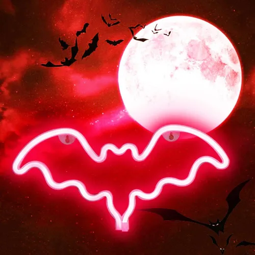 Vista 8 de Vicila Letreros de neón con forma de murciélago para Halloween, luces de neón LED, regalos espeluznantes, lámpara con forma de murciélago para Azul