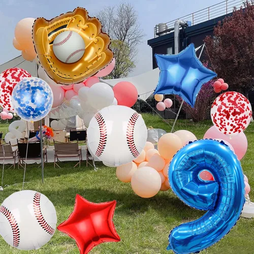 Vista 94 de Globos de béisbol de papel de aluminio para decoración de cumpleaños, globos de guante, globo de confeti de estrella roja y azul para novato