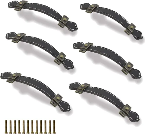 Manija de muebles de cuero de superficie, 6.3 "estilo retro manija de cuero para cajón/gabinete/maleta de PU, color negro