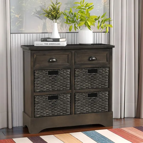 Vista 23 de P PURLOVE Armario de almacenamiento de estilo retro con 2 cajones de madera y 4 cestas de mimbre para el hogar, cocina, entrada, sala de estar