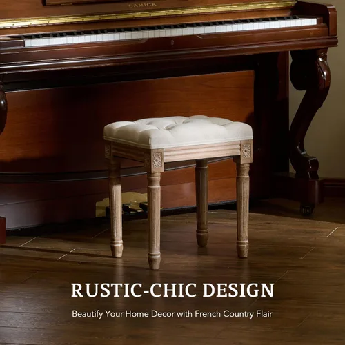 Vista 4 de VONLUCE Taburete otomano, 18.5 in de alto, beige, con asiento acolchado, marco de madera, botones acolchados, para comedor, sala de estar