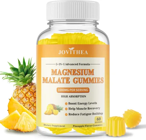 Gomitas de malato de magnesio de 1000 mg, suplementos de magnesio de alta absorción para adultos y niños, con L-teanina, CoQ10 y vitamina B6, apoya