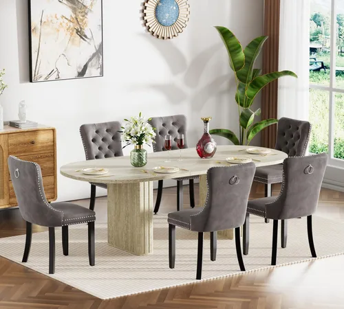 Vista 56 de Pvillez Extendable Dining Table Set of 8, Black Oval Dining Room Table & 8 Black Velvet Dining Chairs with Wood Leg, 62.99"-78.74" Kitchen Table and